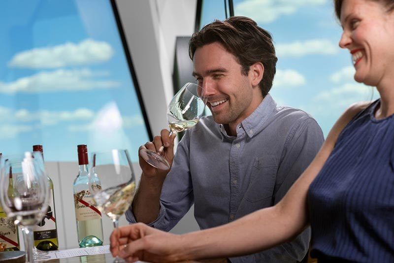 Alcoholic beverage, Smile, Sky, Bottle, Barware, Drinkware, Gesture, Cloud, Drink, Leisure
